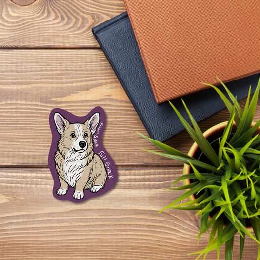 Short Stack, Full Snack – Corgi veterinary sticker detail showing waterproof vinyl finish
