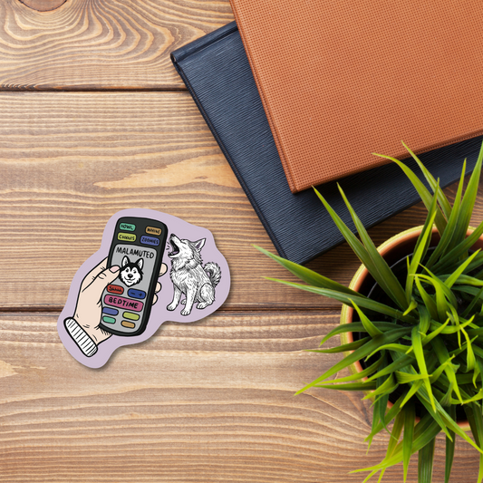 Malamuted – Remote veterinary sticker detail showing waterproof vinyl finish