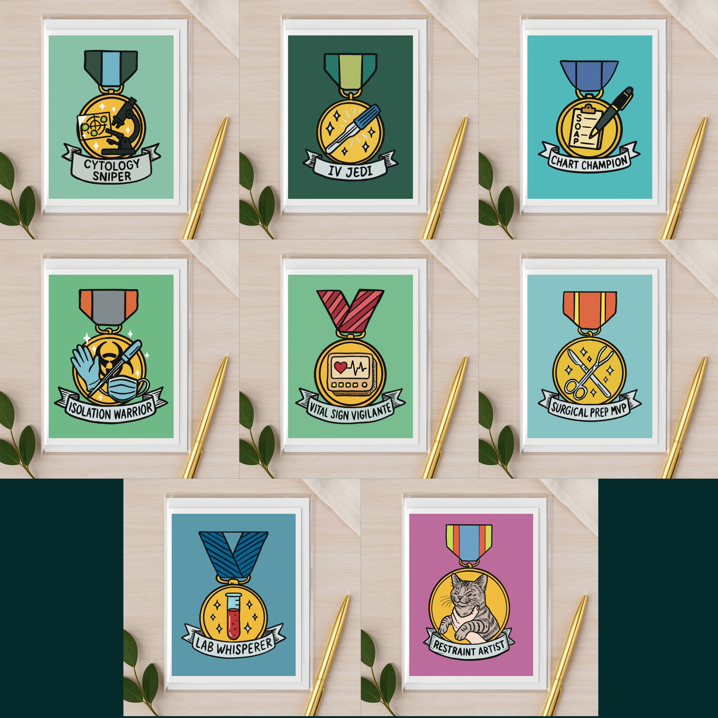 Veterinary Award Medal Notecards – Curated Variety Packs (4, 8, or 16 Designs)