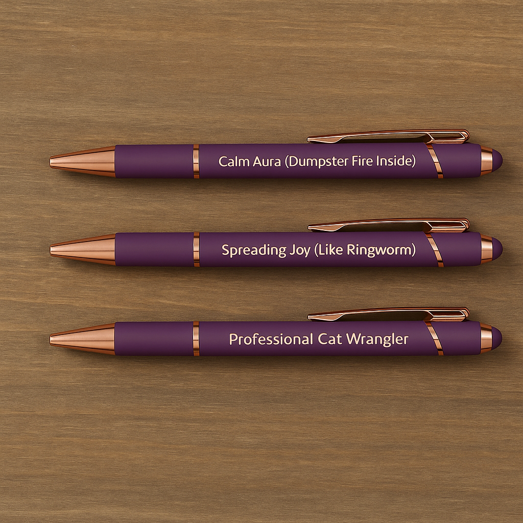 Funny Veterinary Pens – Laser-Engraved 3-Pack | Calm Aura, Spreading Joy & Professional Cat Wrangler