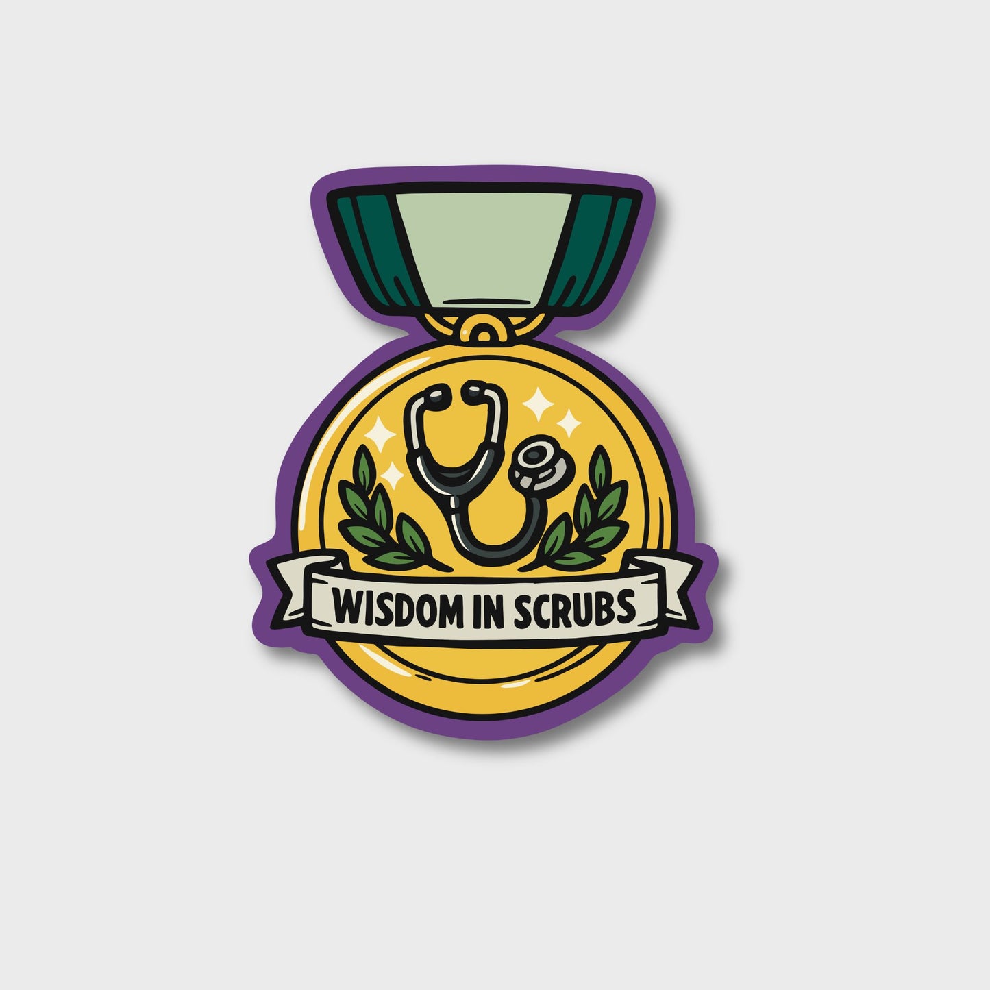 Wisdom in Scrubs veterinary recognition award sticker on waterproof matte vinyl by Vet Culture Co