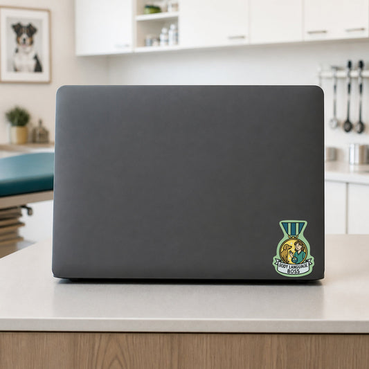 Body Language Boss – Award Medal Sticker shown on a veterinary clinic laptop