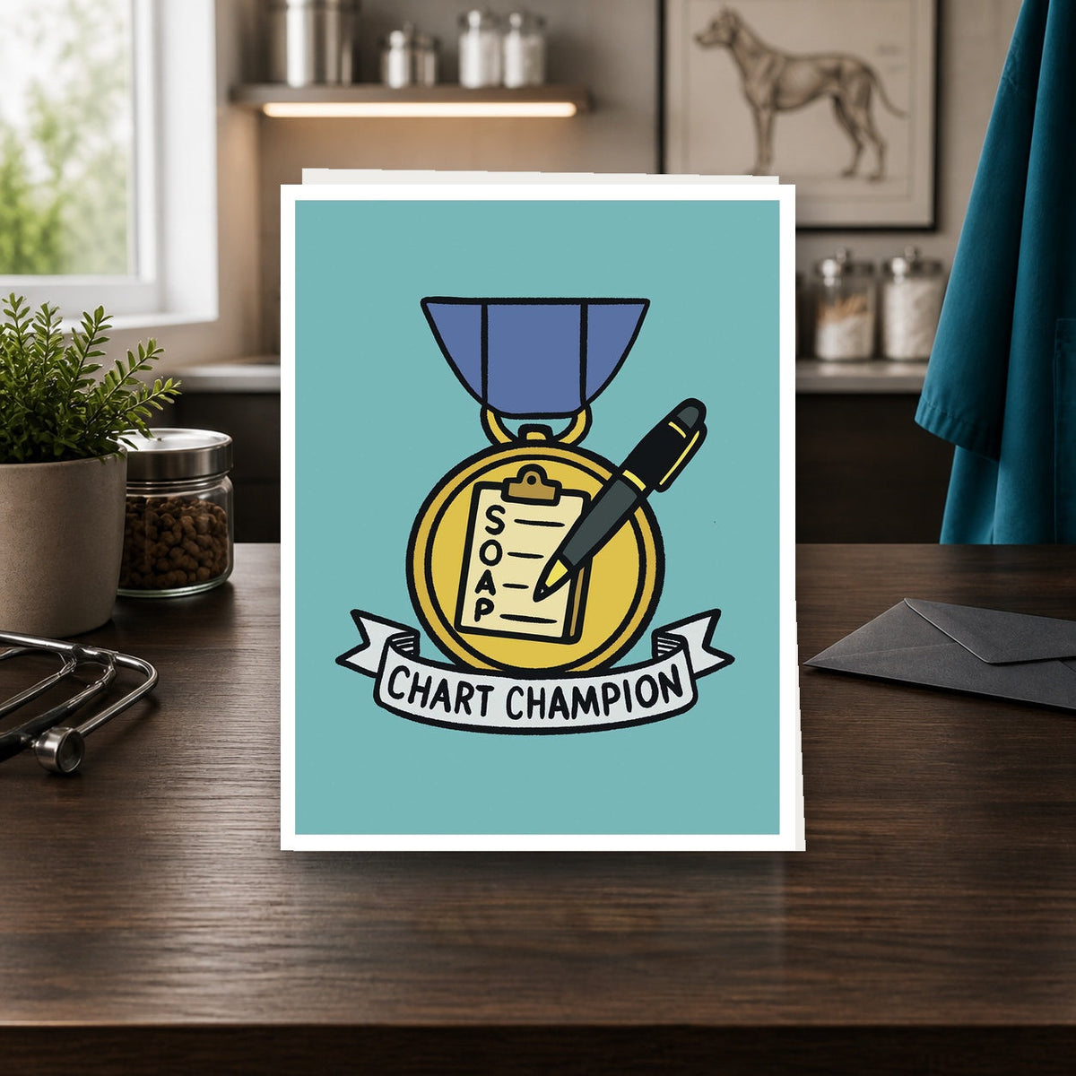 Chart Champion A2 veterinary notecard standing on a dark clinic desk