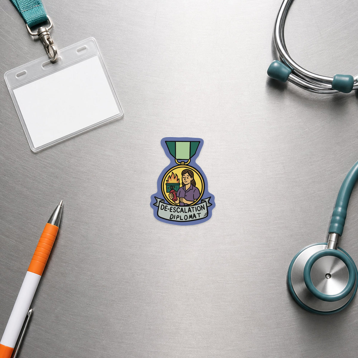🕊️ De-Escalation Diplomat – Funny Vet Award Sticker shown in a veterinary clinic flat lay