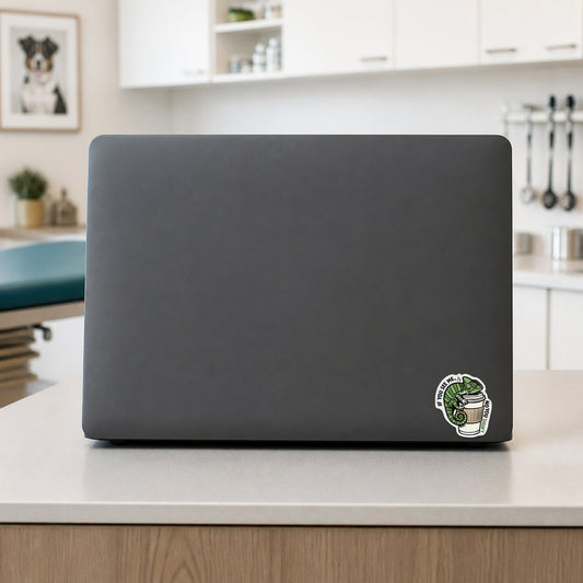 🦎 If You See Me, No You Didn’t – Funny Vet Coffee Sticker shown on a veterinary clinic laptop