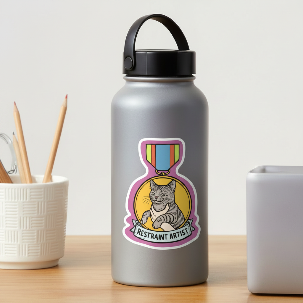 Restraint Artist vet sticker on water bottle lifestyle mockup by Vet Culture Co