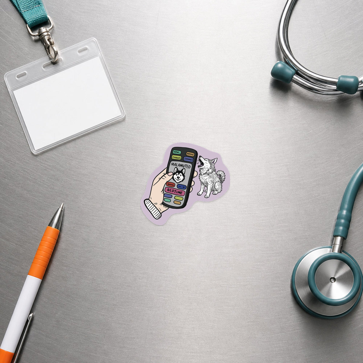 🎛️ Malamuted – Remote shown in a veterinary clinic flat lay