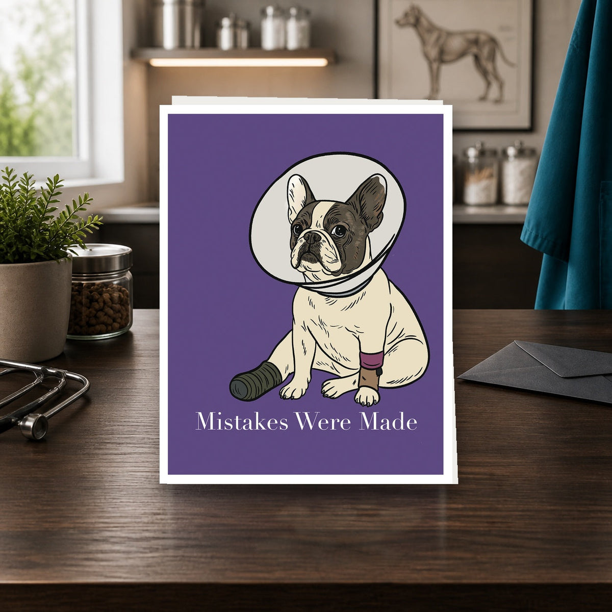 Mistakes Were Made A2 veterinary notecard standing on a dark clinic desk