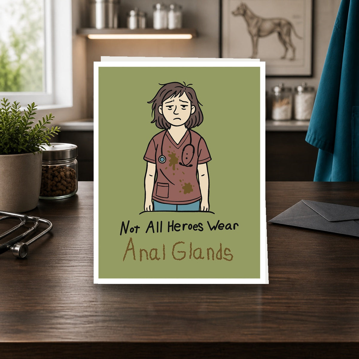 Not All Heroes Wear Anal Glands A2 veterinary notecard standing on a dark clinic desk