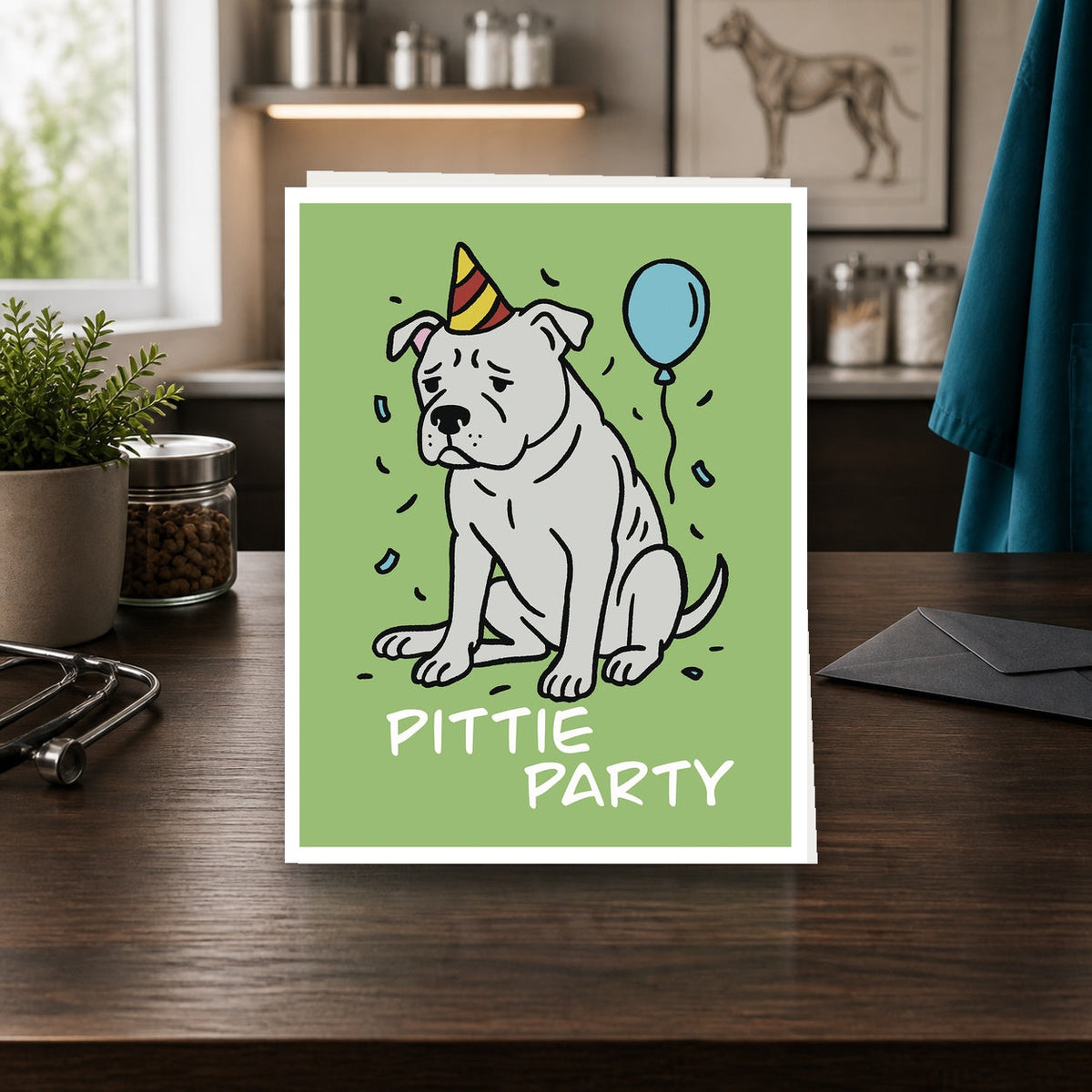 Pittie Party A2 veterinary notecard standing on a dark clinic desk
