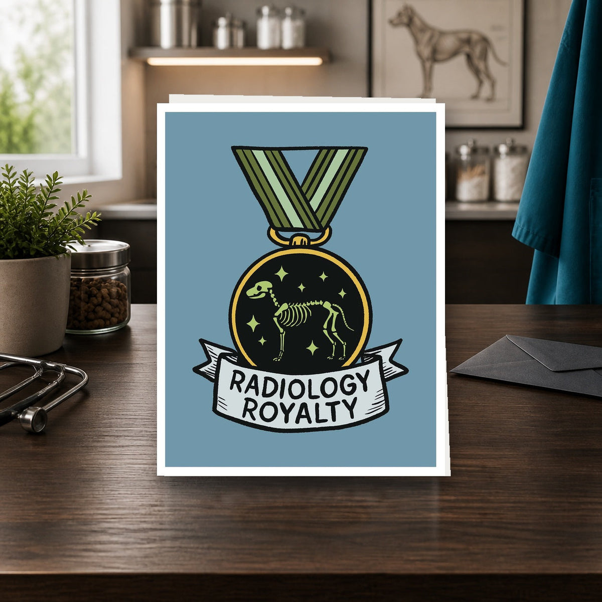 Radiology Royalty A2 veterinary notecard standing on a dark clinic desk