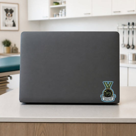 Radiology Royalty – Award Medal Sticker shown on a veterinary clinic laptop