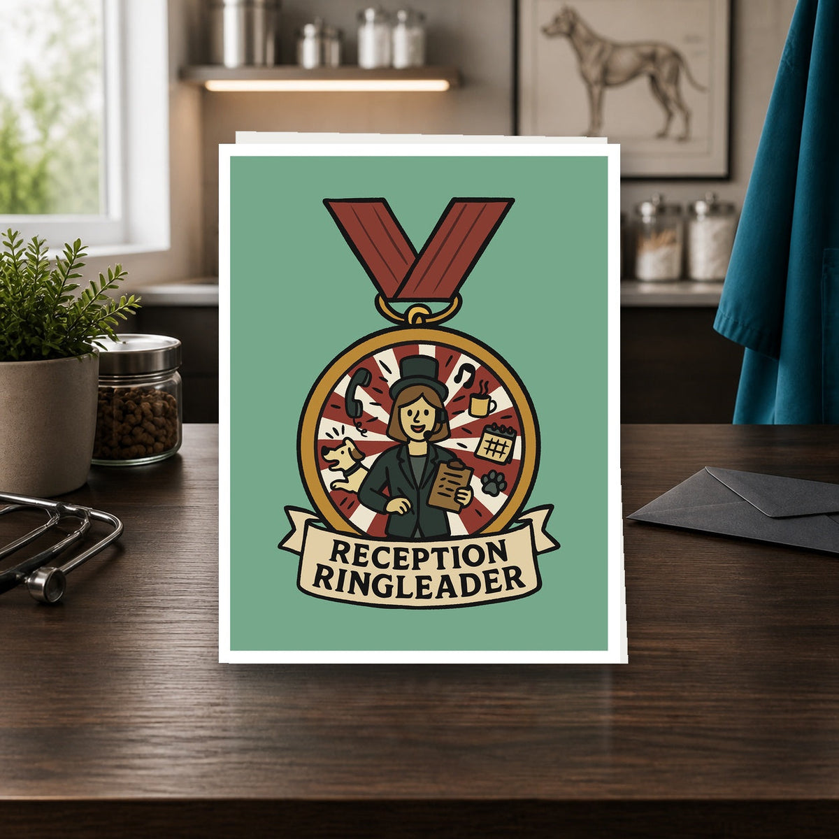 Reception Ringleader A2 veterinary notecard standing on a dark clinic desk