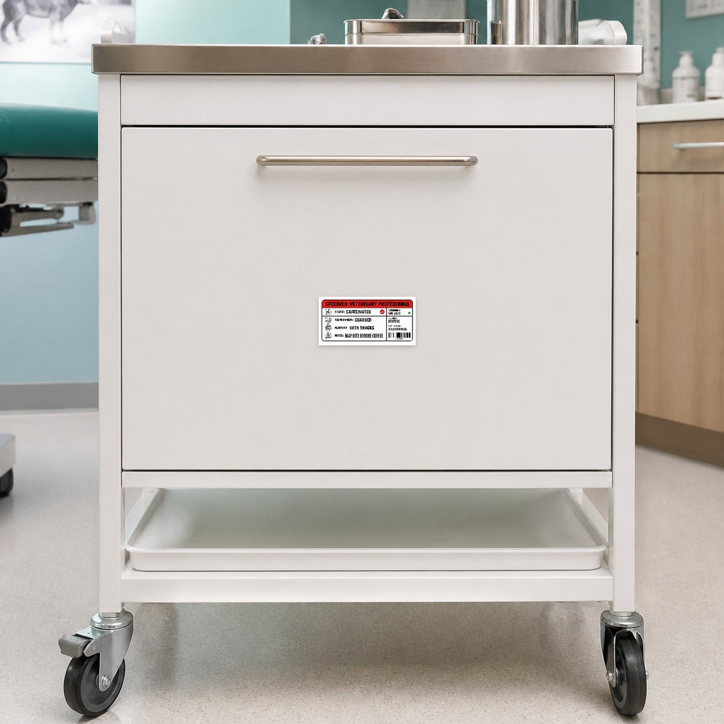 ๐งช Specimen: Veterinary Professional โ Large Format Vet Lab Sticker shown on a veterinary treatment cart