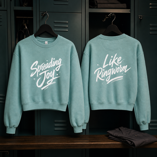 Spreading Joy Like Ringworm Arctic cropped crewneck shown front and back against dark clinic lockers