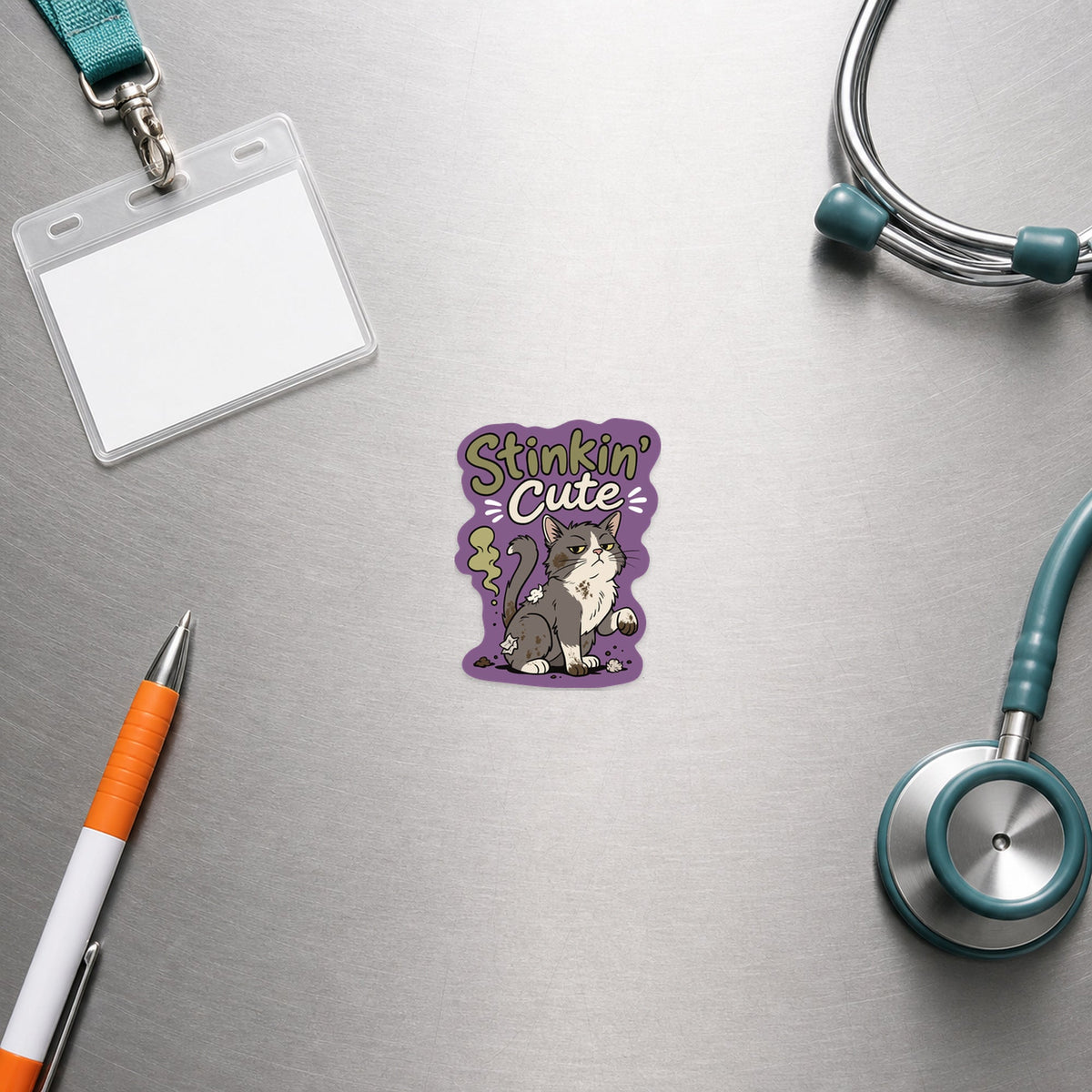 😼 Stinkin’ Cute Cat – Funny Vet Sticker shown in a veterinary clinic flat lay