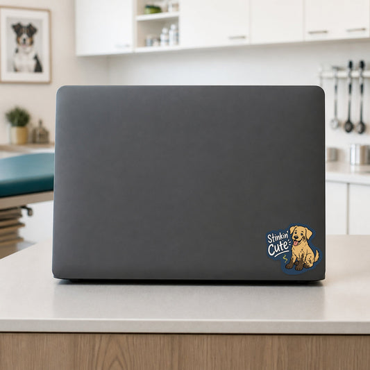 🐶 Stinkin’ Cute Dog – Funny Vet Sticker shown on a veterinary clinic laptop