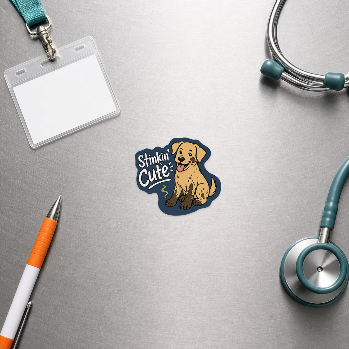 ๐ถ Stinkinโ Cute Dog โ Funny Vet Sticker shown in a veterinary clinic flat lay