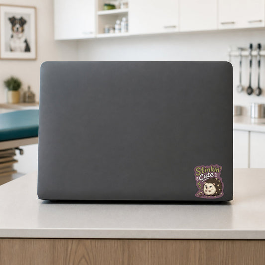 🦔 Stinkin’ Cute Hedgehog – Funny Vet Sticker shown on a veterinary clinic laptop
