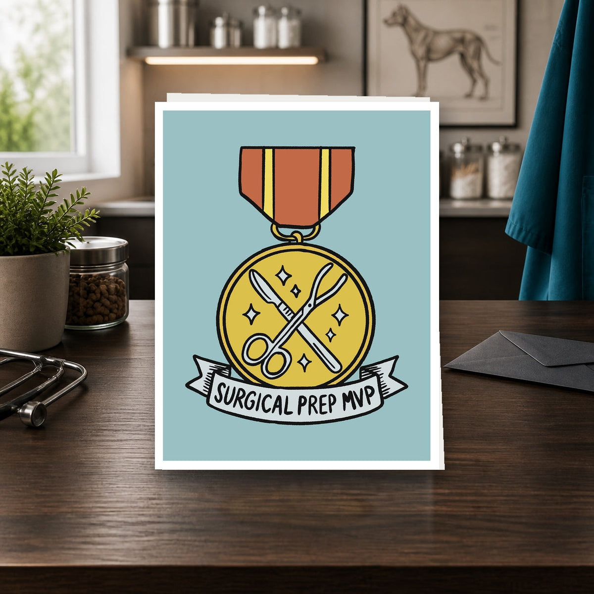 Surgical Prep MVP A2 veterinary notecard standing on a dark clinic desk