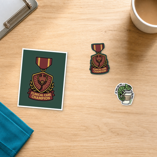 Award Match Mini veterinary recognition bundle with a Clinical Care Champion card and two stickers, arranged on a light oak desktop for veterinary professionals