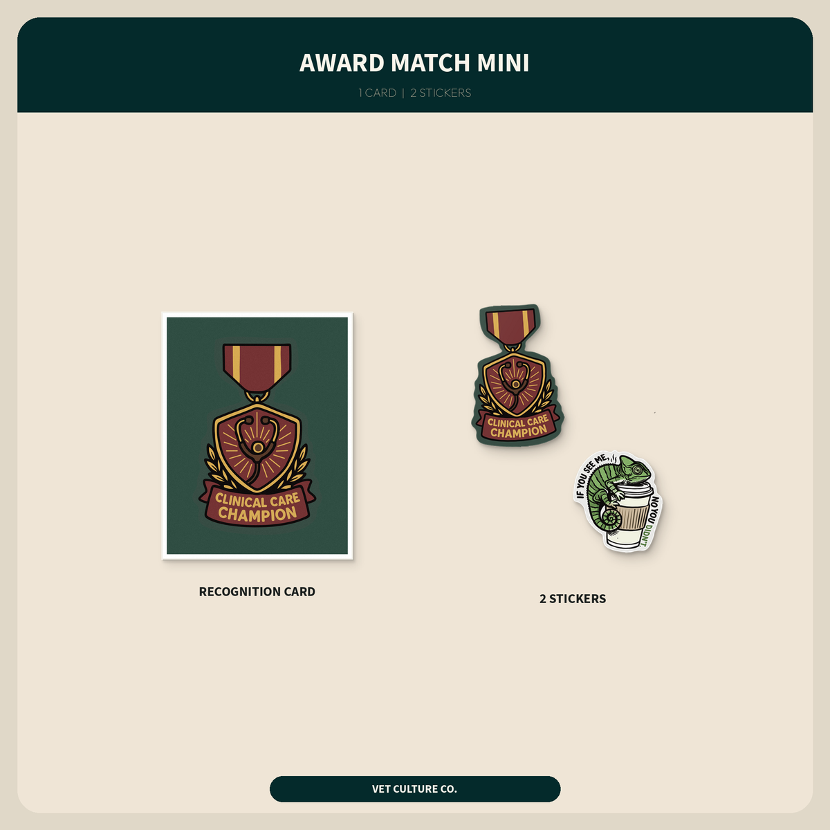 Award Match Mini veterinary recognition bundle with a Clinical Care Champion card and two stickers, shown as a complete contents overview for veterinary teams