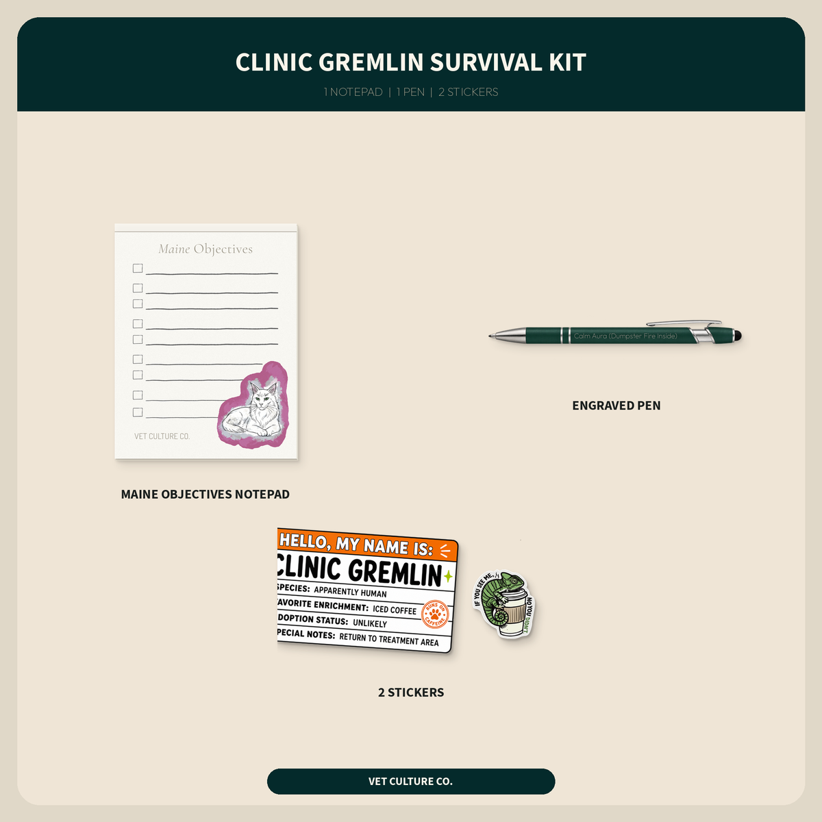 Clinic Gremlin Survival Kit with a notepad, engraved pen, large name-tag sticker, and chameleon sticker, shown as a complete contents overview for veterinary teams