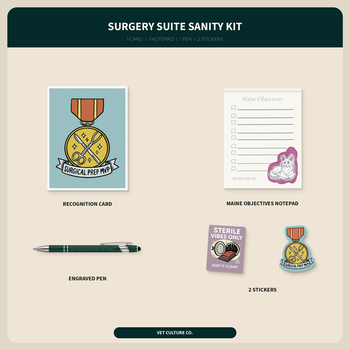 Surgery Suite Sanity Kit with a Surgical Prep MVP card, notepad, engraved pen, and two stickers, shown as a complete contents overview for veterinary teams