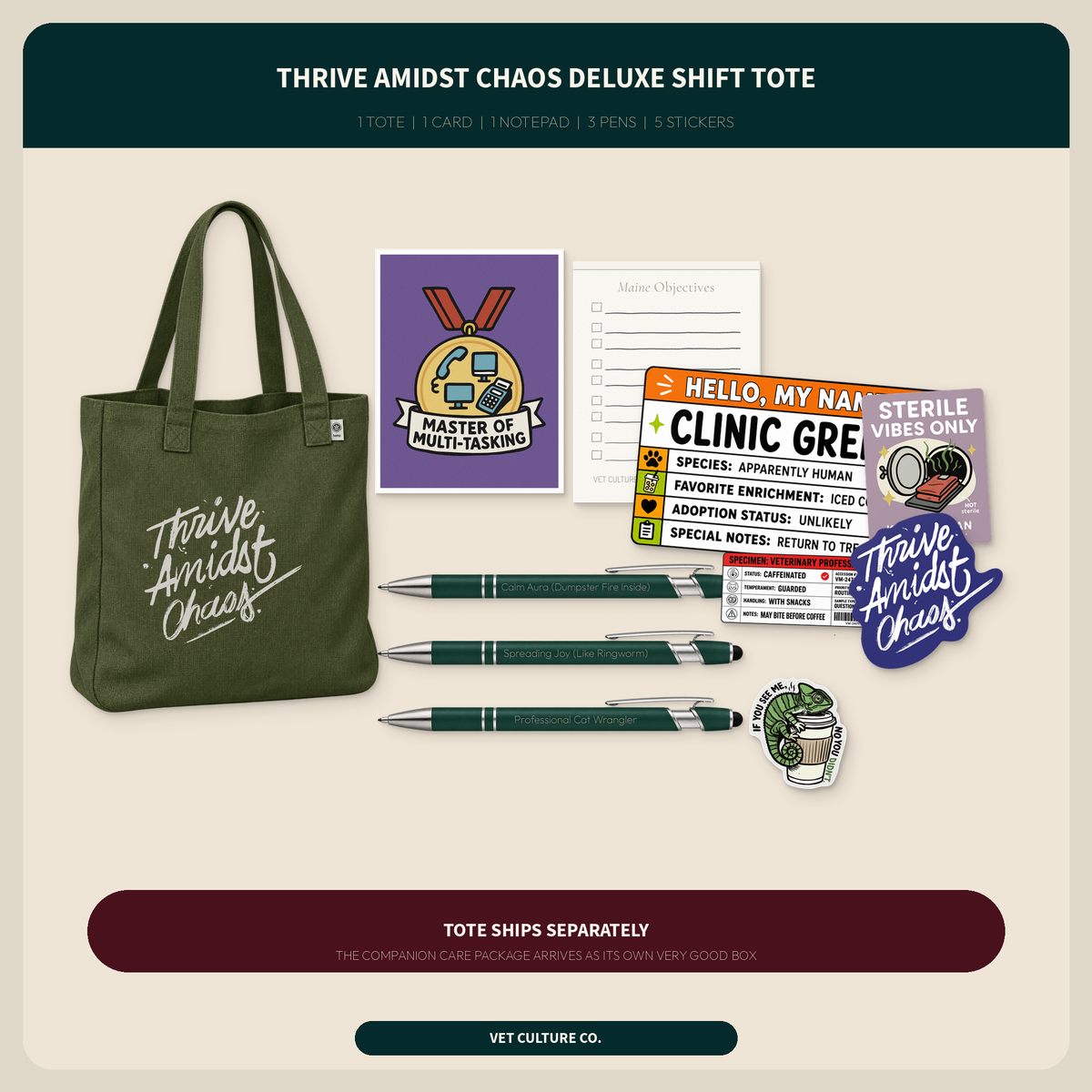 Thrive Amidst Chaos deluxe veterinary shift bundle with an olive tote, card, notepad, pens, and stickers, shown as a complete contents overview for veterinary teams