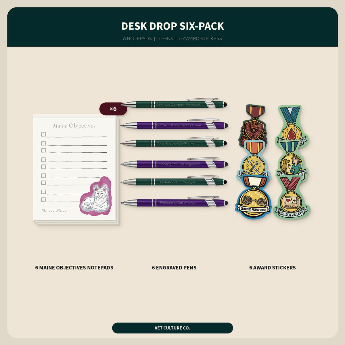 Desk Drop Six-Pack veterinary team bundle with six notepads, six engraved pens, and six award stickers, shown as a complete contents overview for veterinary teams