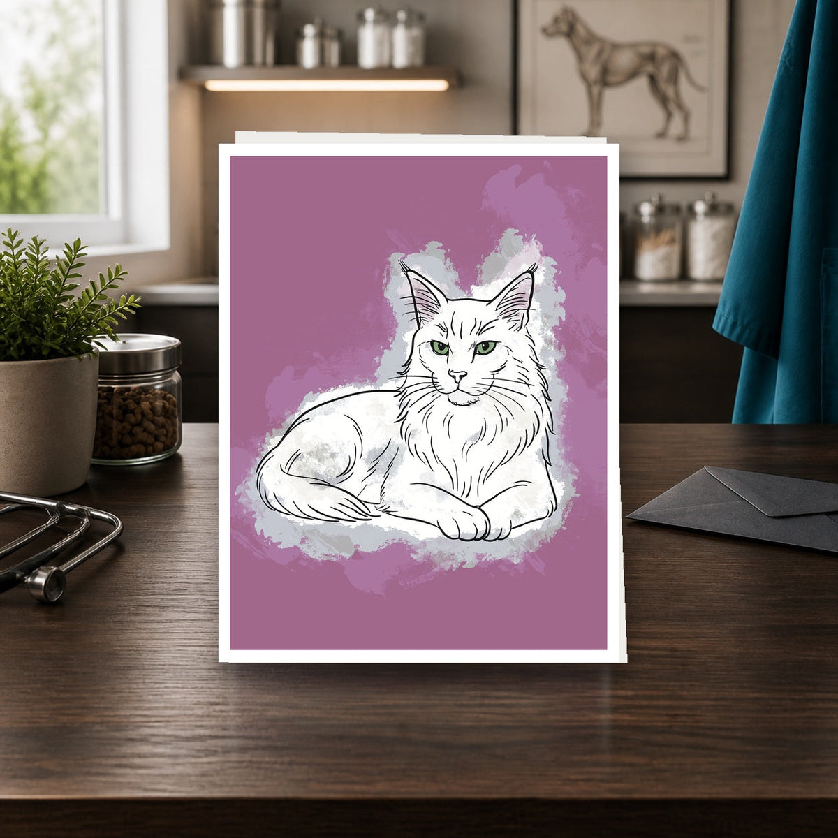 The Art of Catitude A2 veterinary notecard standing on a dark clinic desk
