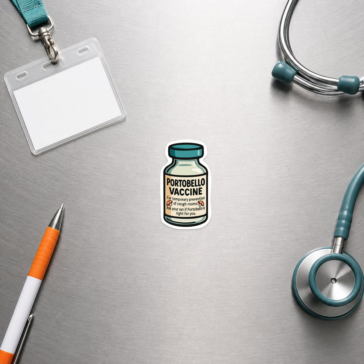 Portobello Vaccine – Funny Vet Sticker shown in a veterinary clinic flat lay