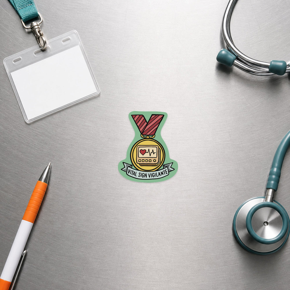 💓 Vital Sign Vigilante – Funny Vet Award Sticker shown in a veterinary clinic flat lay