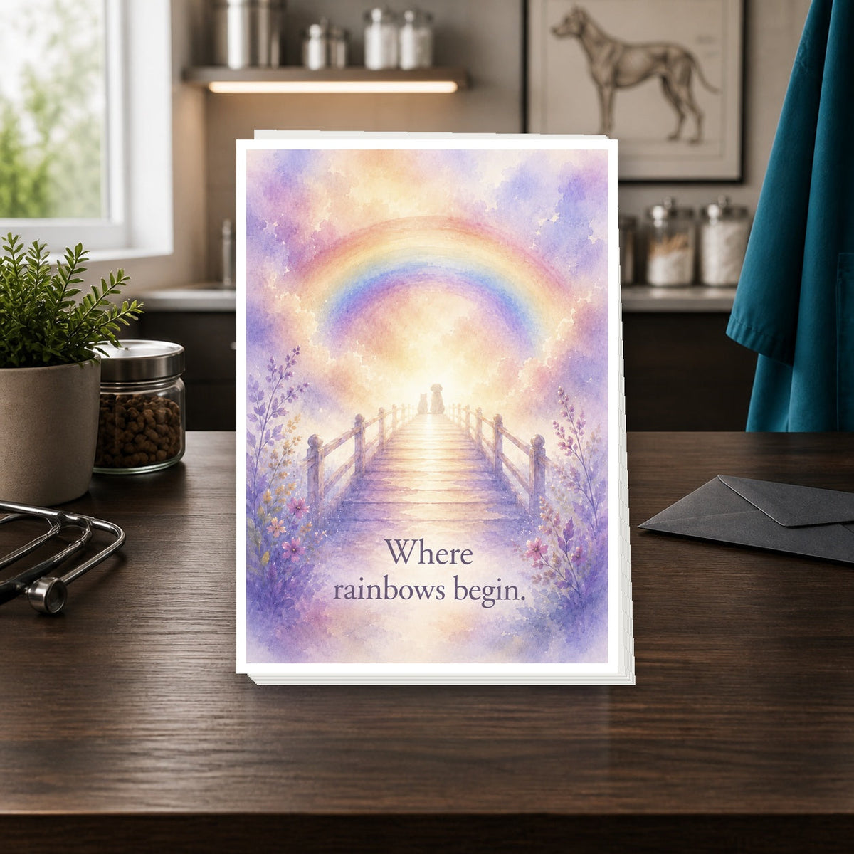Where Rainbows Begin 5 by 7 pet loss sympathy card pack of 20 standing on a dark clinic desk