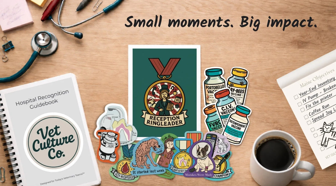 Vet Culture Co. recognition flat-lay with stickers, guidebook, and stationery arranged on a warm wooden desk