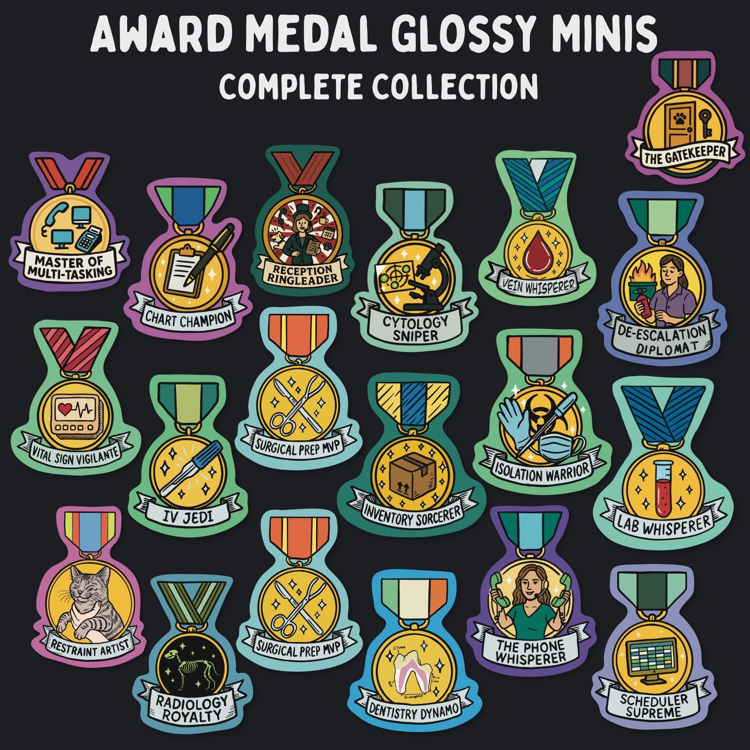 Funny vet tech gifts: full set of veterinary award medal stickers from Vet Culture Co.
