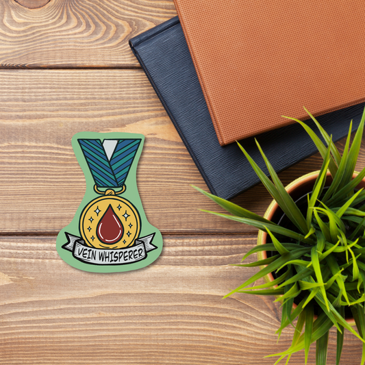 Vein Whisperer – Vet Medal veterinary sticker detail showing waterproof vinyl finish