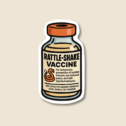 Rattle-Shake vaccine parody veterinary sticker design on waterproof matte vinyl by Vet Culture Co