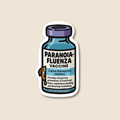 Paranoia-Fluenza vaccine parody veterinary sticker design on waterproof matte vinyl by Vet Culture Co
