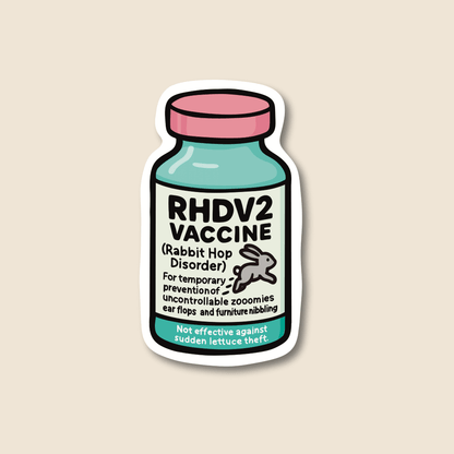RHDV2 vaccine parody veterinary sticker design on waterproof matte vinyl by Vet Culture Co