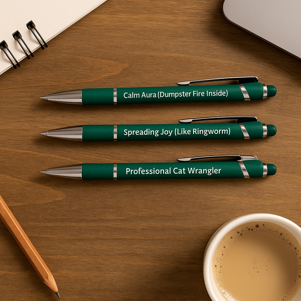 Funny Veterinary Pens – Laser-Engraved 3-Pack | Calm Aura, Spreading Joy & Professional Cat Wrangler bundle contents detail