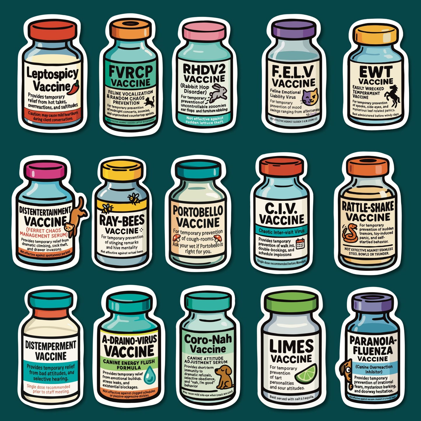 Complete Vaccine Parody Sticker Collection (All 15 Designs)