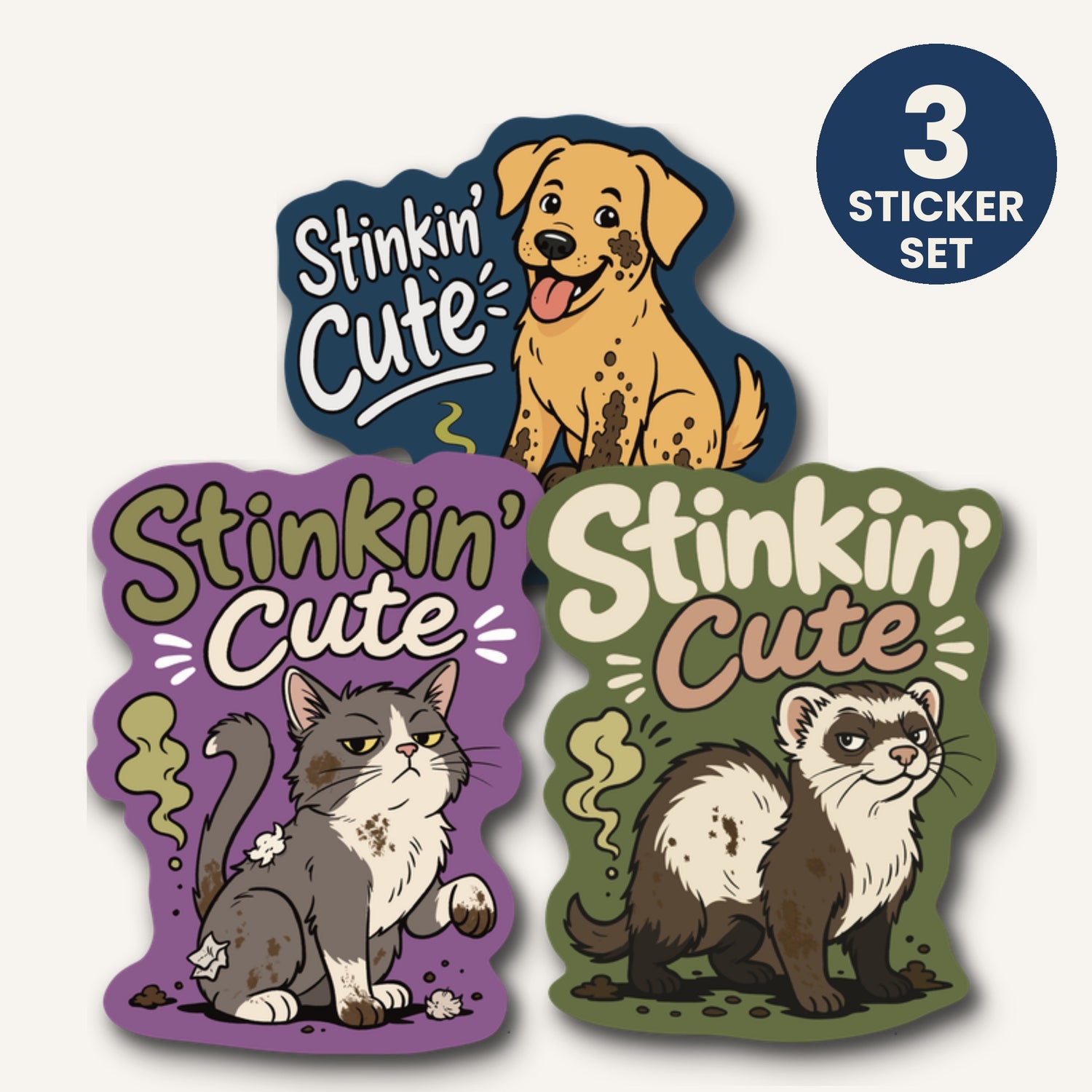 Stinkin' Cute veterinary sticker set of 3 die-cut stickers featuring cat, dog, and ferret on waterproof matte vinyl by Vet Culture Co