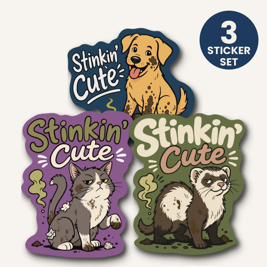 Stinkin' Cute veterinary sticker set of 3 die-cut stickers featuring cat, dog, and ferret on waterproof matte vinyl by Vet Culture Co