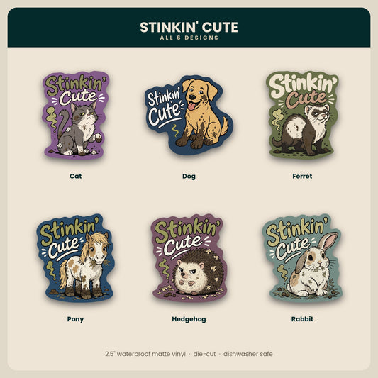 Stinkin' Cute veterinary sticker set of 6 die-cut stickers featuring cat, dog, ferret, pony, hedgehog, and rabbit on waterproof matte vinyl by Vet Culture Co