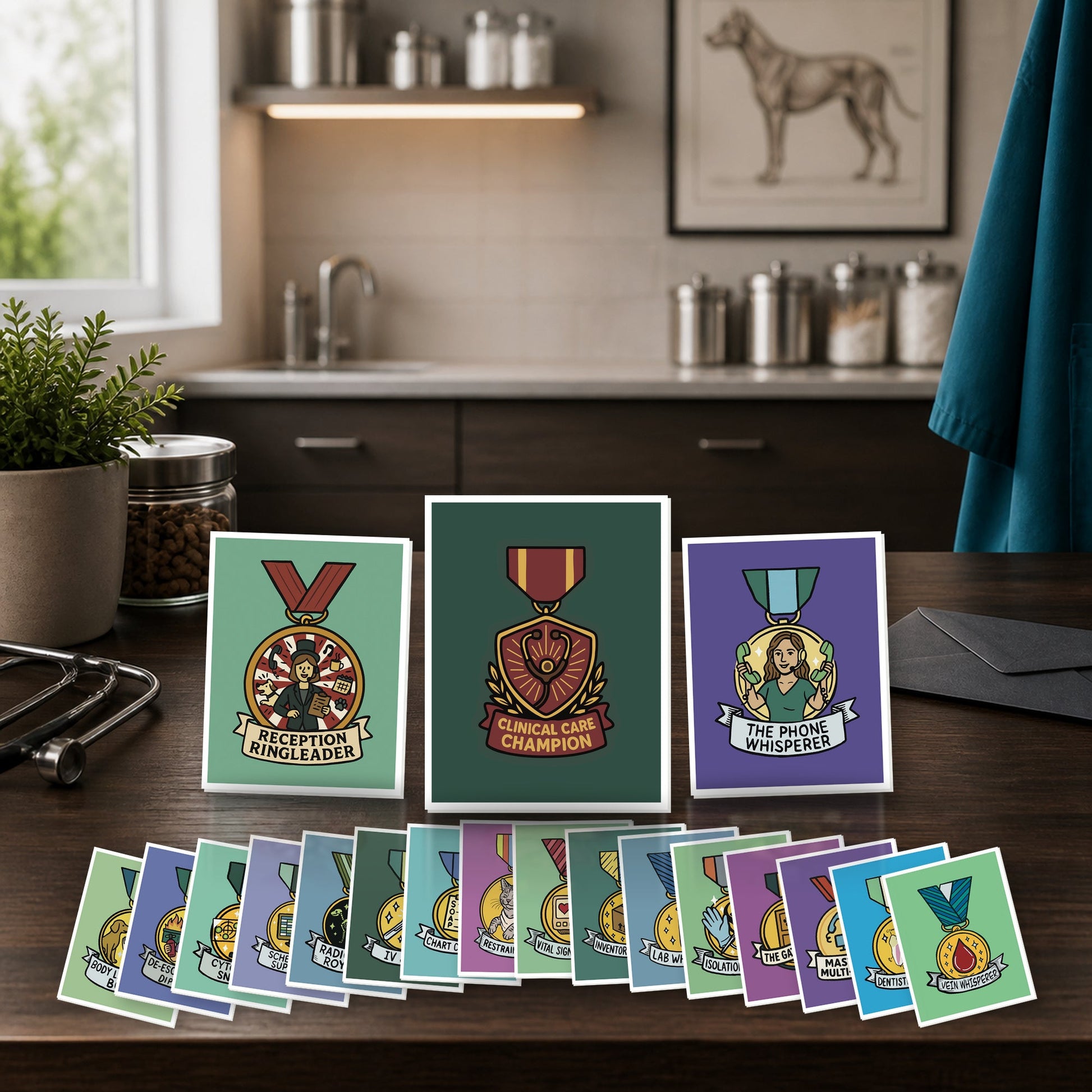Award Medal 19-card veterinary recognition notecard set with standing cards and full fan