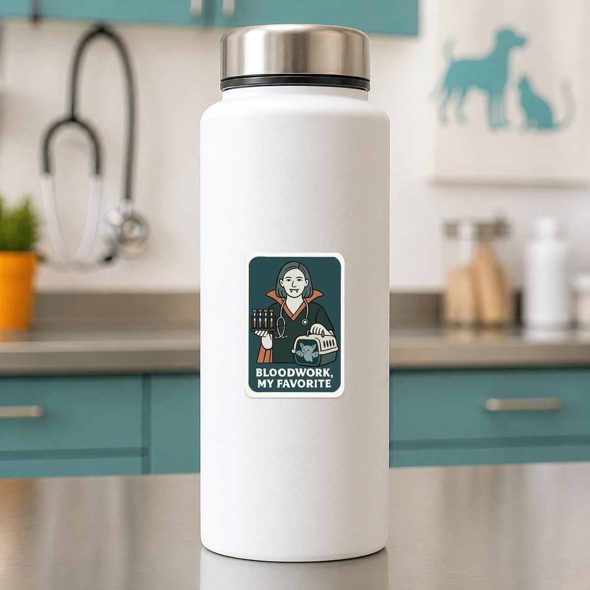 Bloodwork, My Favorite Sticker shown on a white clinic water bottle