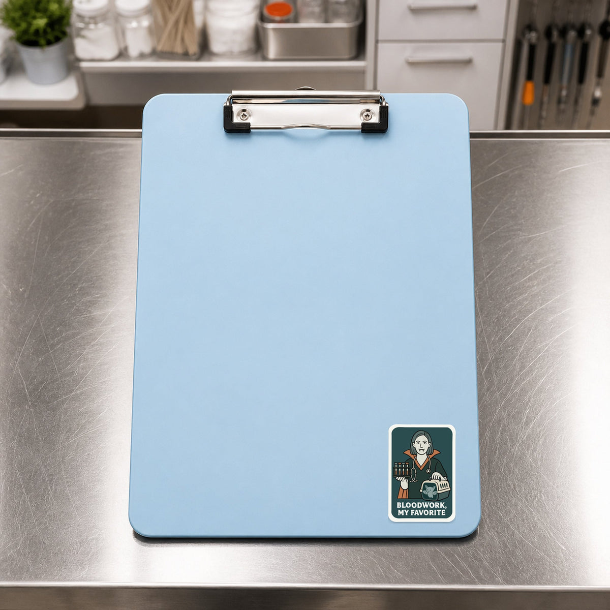 Bloodwork, My Favorite Sticker shown on a blue treatment clipboard