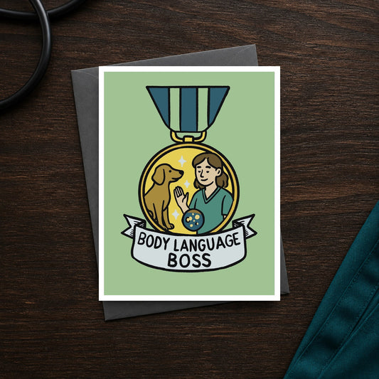 Body Language Boss A2 veterinary notecard front on a dark clinic desk