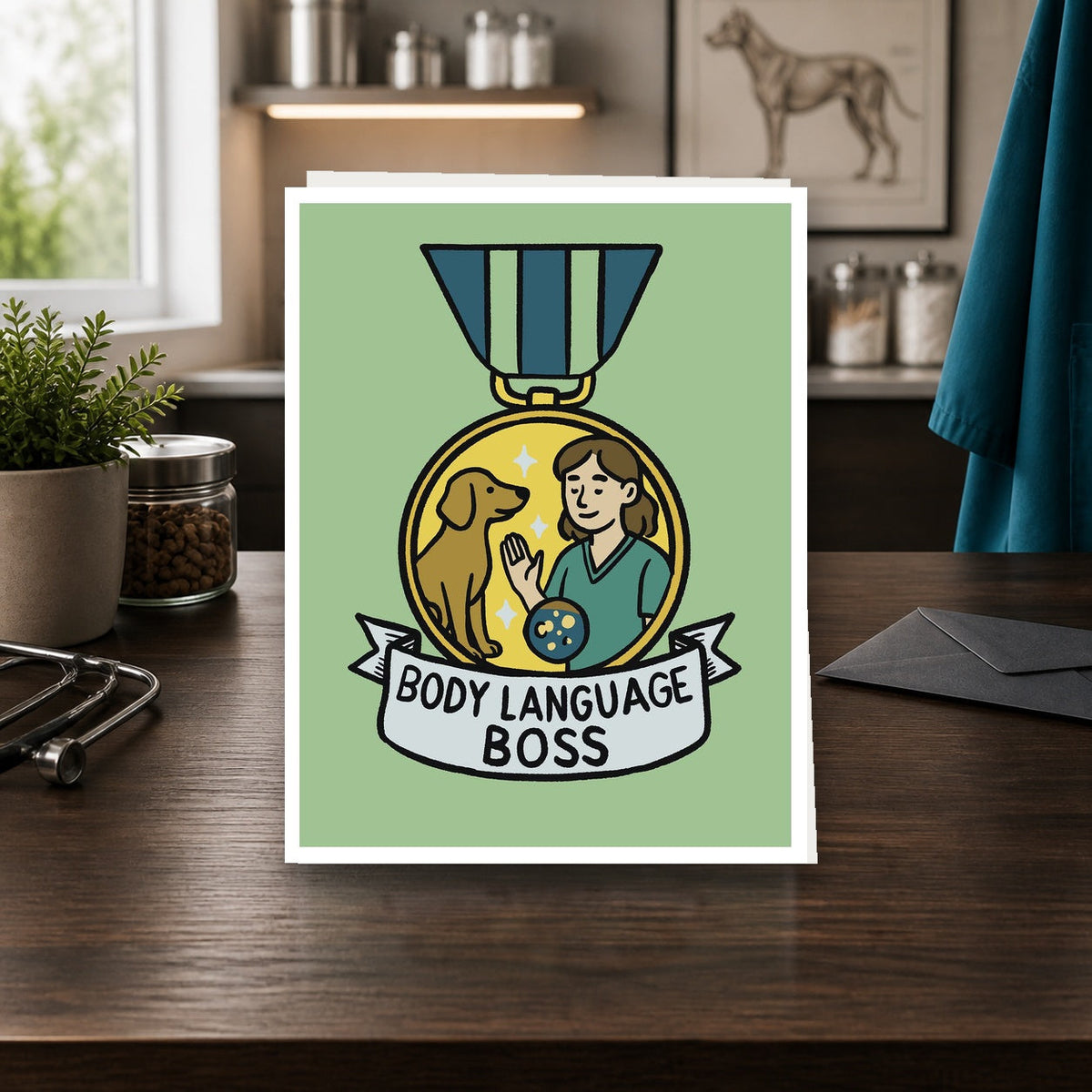 Body Language Boss A2 veterinary notecard standing on a dark clinic desk